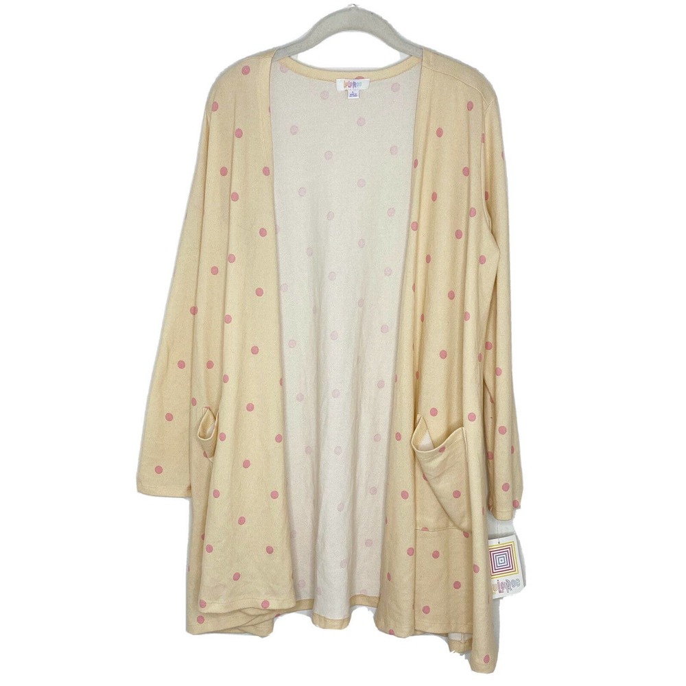 NWT LulaRoe Caroline Open Cardigan Peach Pink White Polka Dot, Size Large N3